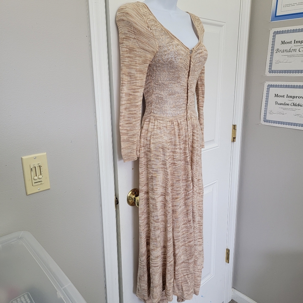 Free People Space Dye Open Knit Crochet Button Front Midi Dress Tan Cream XS - Picture 4 of 10